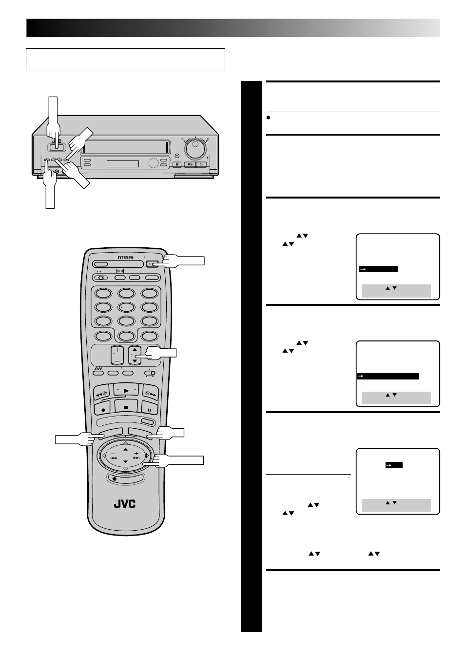 Turn on the vcr, Access main menu screen, Access custom set screen | Access dbs receiver output screen, Select dbs receiver output channel, Return to custom set screen, Set dbs receiver output channel | JVC HR-DD840KR User Manual | Page 19 / 68