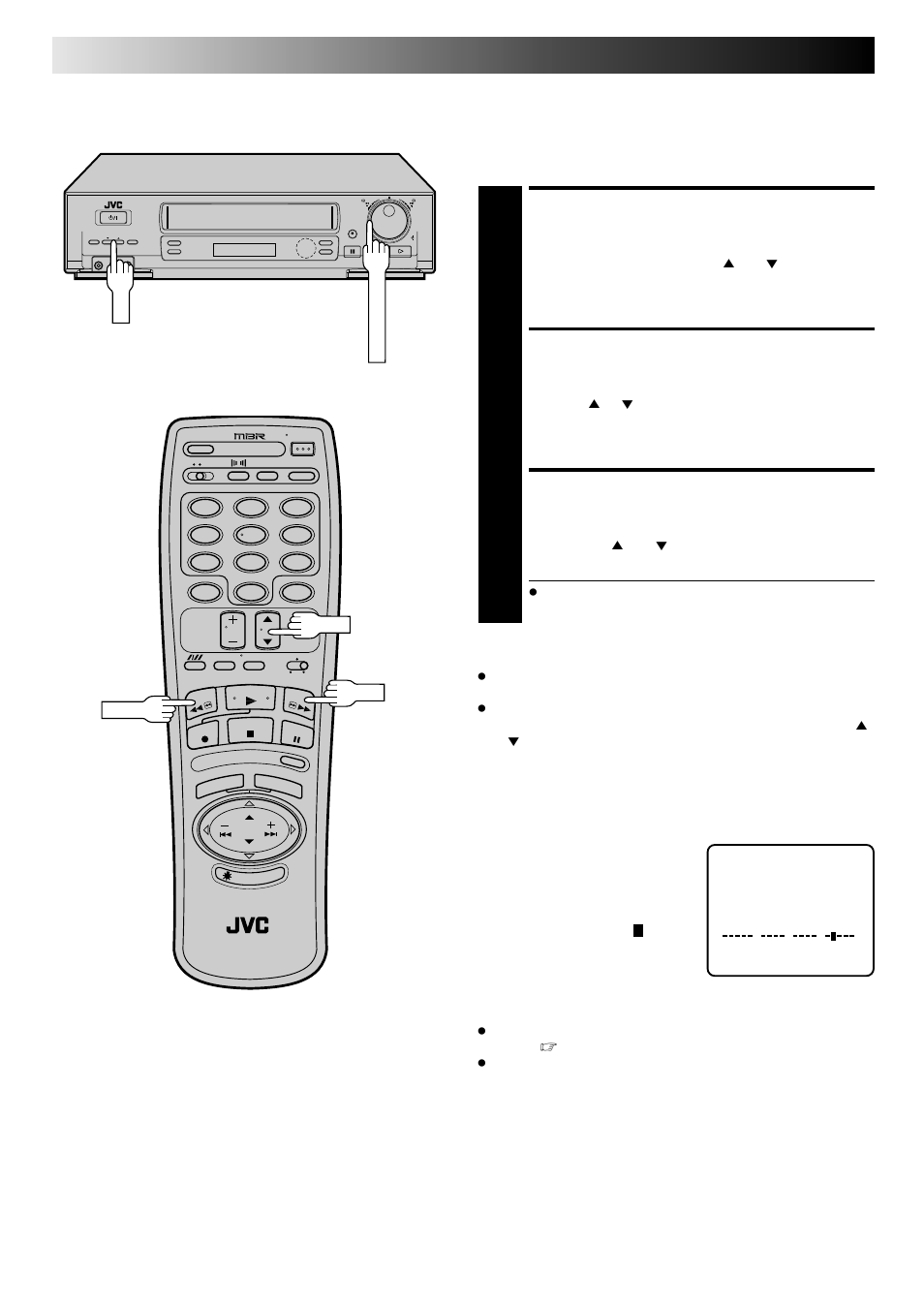 Engage manual tracking mode, Adjust manual tracking, Re-engage automatic tracking | Playback and recording features (cont.), Manual tracking, Tape position indicator | JVC HR-DD840KR User Manual | Page 24 / 68