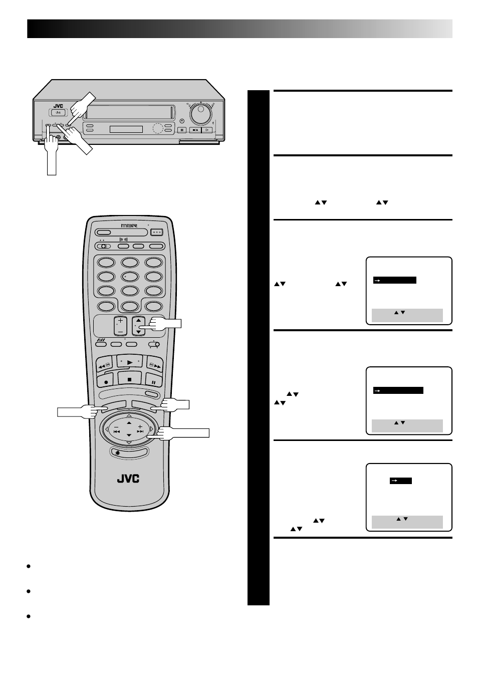 Access main menu screen, Access function set screen, Access audio select screen | Access audio monitor screen, Select mode, Return to normal screen, Select the soundtrack | JVC HR-DD840KR User Manual | Page 27 / 68