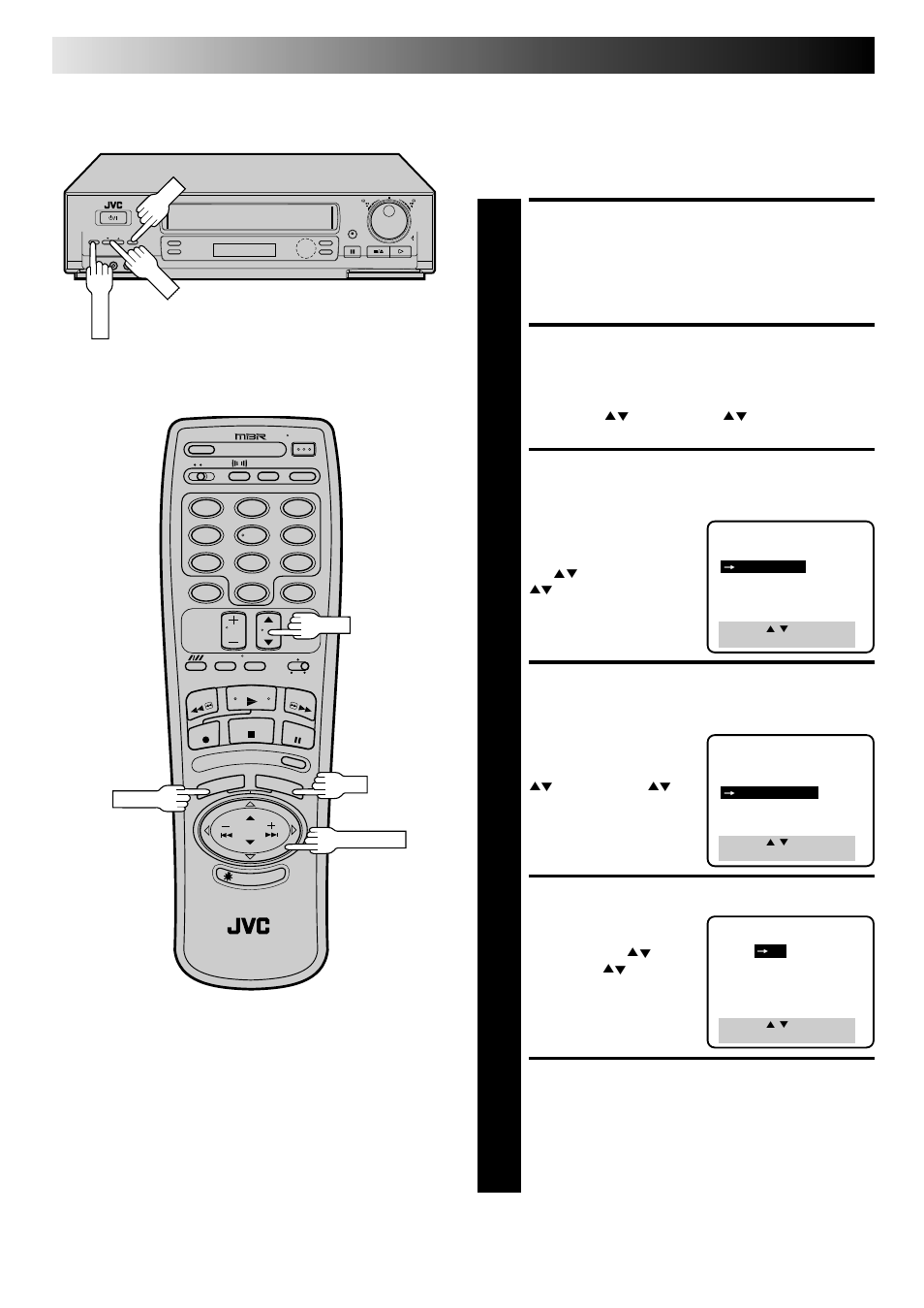 Access main menu screen, Access function set screen, Access audio select screen | Access timescan audio screen, Select mode, Return to normal screen, Playback and recording features (cont.), Timescan audio | JVC HR-DD840KR User Manual | Page 36 / 68