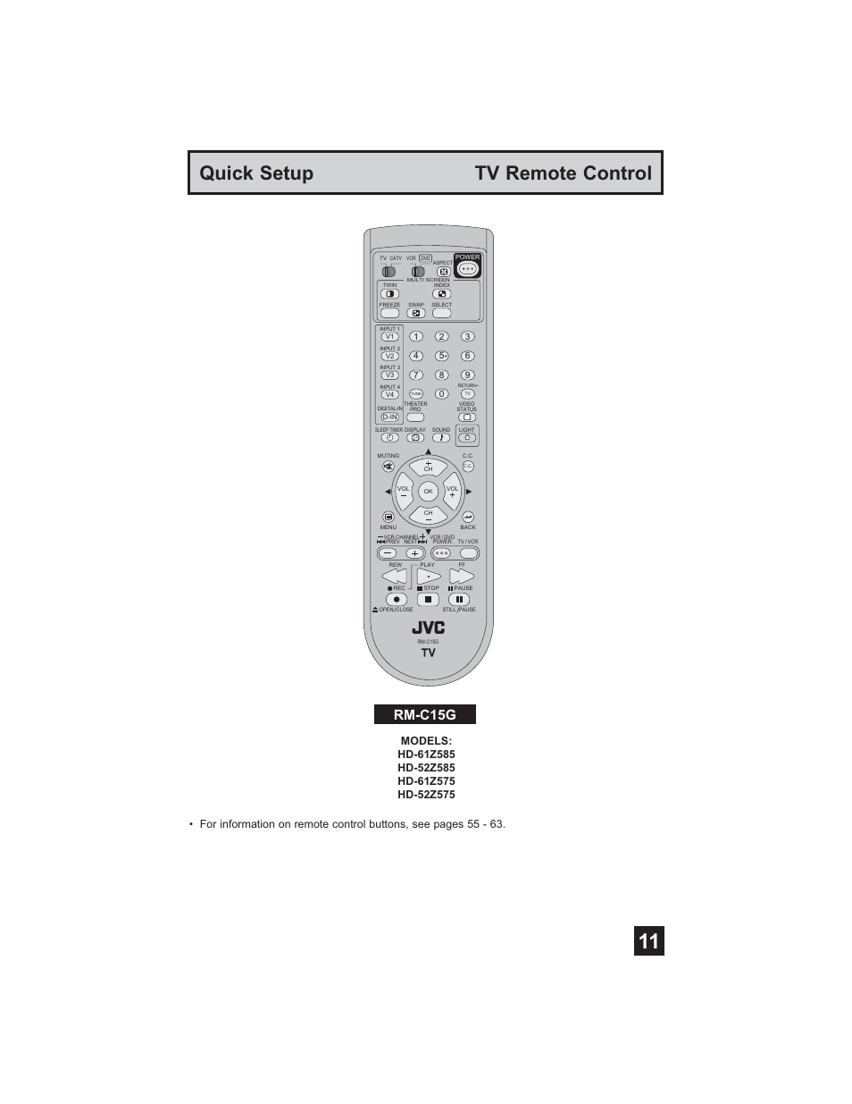 Remote, Quick setup tv remote control, Rm-c15g | JVC HD-61Z585 User Manual | Page 11 / 89
