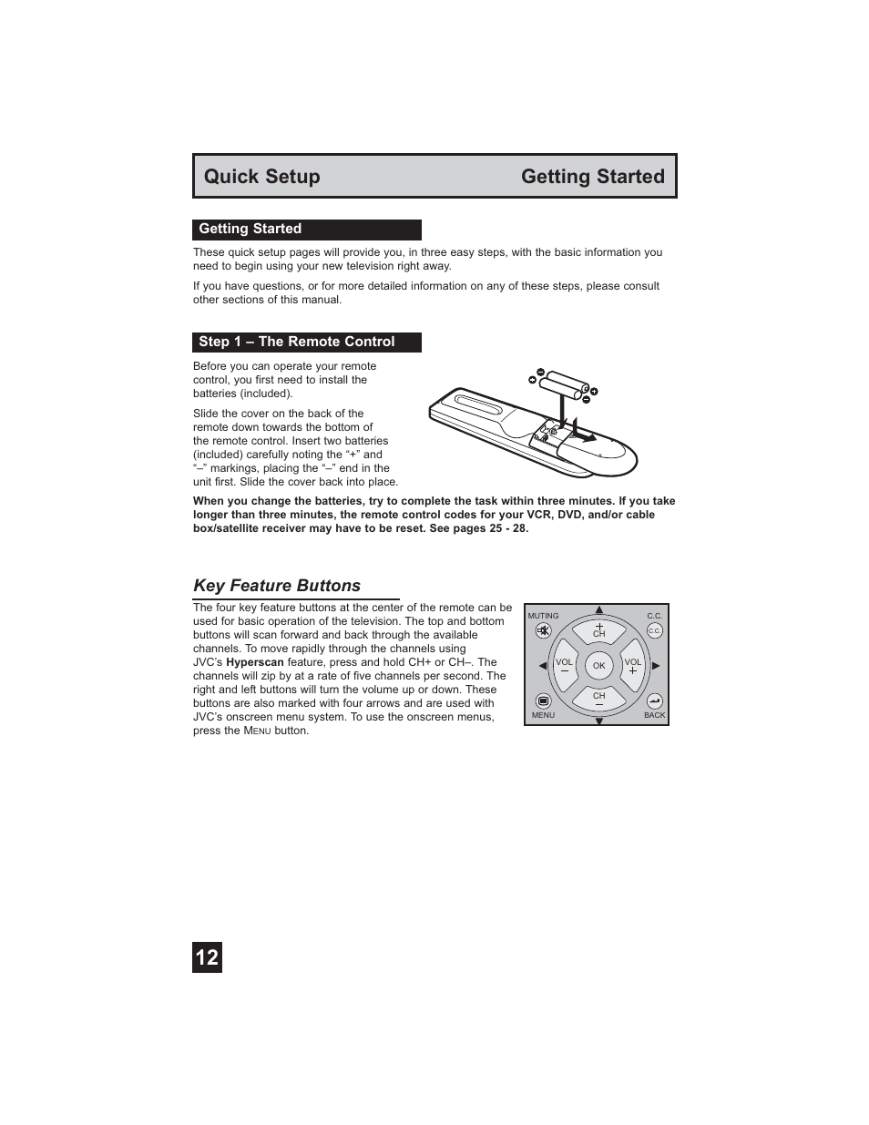 Quick setup getting started, Key feature buttons | JVC HD-61Z585 User Manual | Page 12 / 89