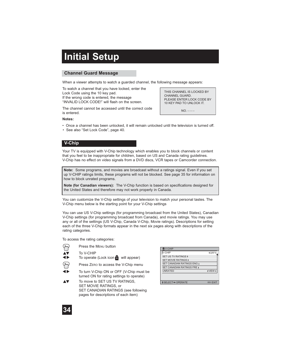 Channel guard message, V-chip, Initial setup | JVC HD-61Z585 User Manual | Page 34 / 89
