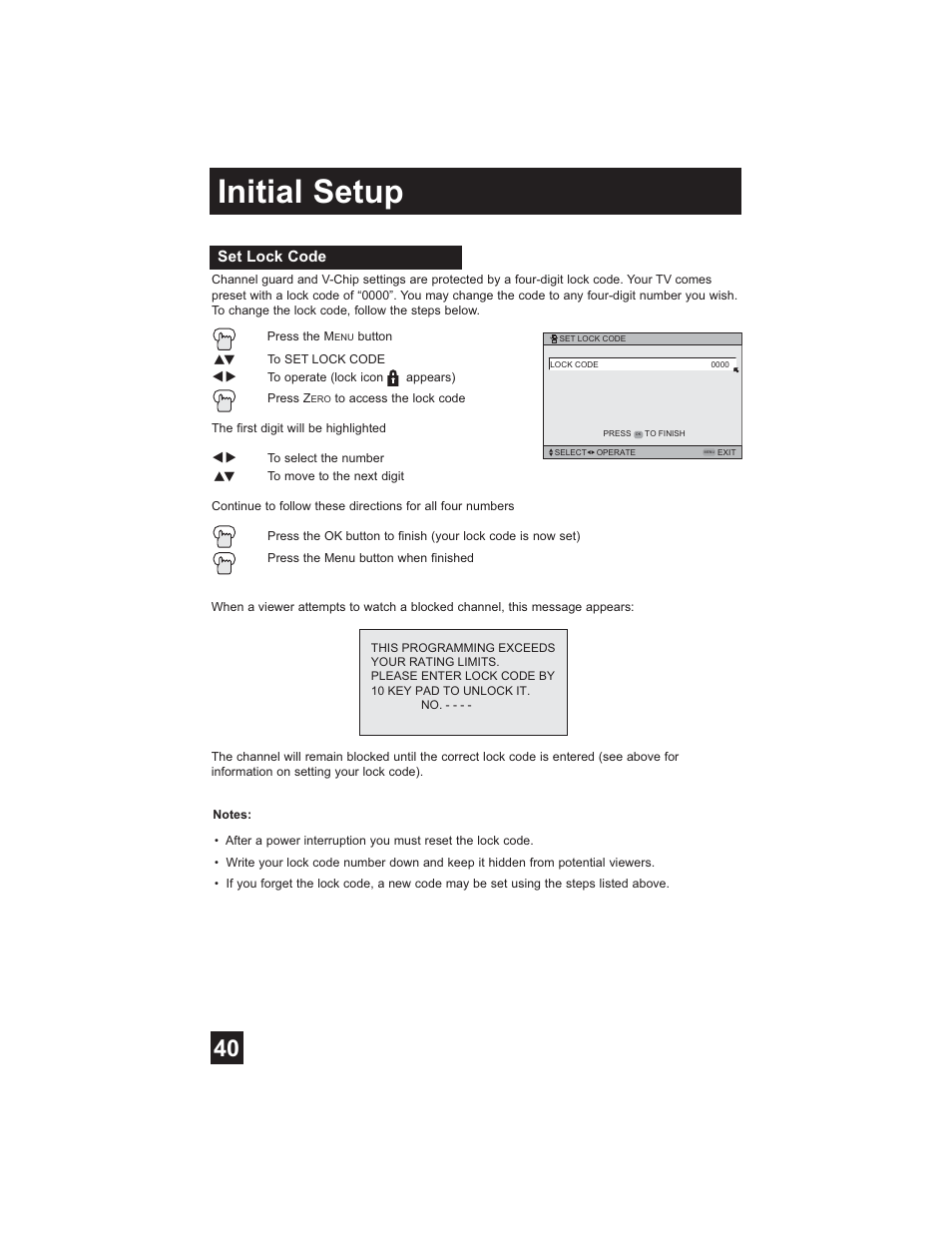 Set lock code, Initial setup | JVC HD-61Z585 User Manual | Page 40 / 89