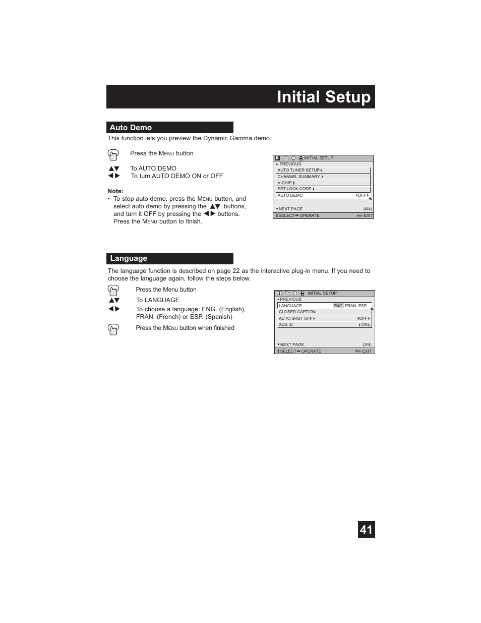 Auto demo, Language, Initial setup | JVC HD-61Z585 User Manual | Page 41 / 89