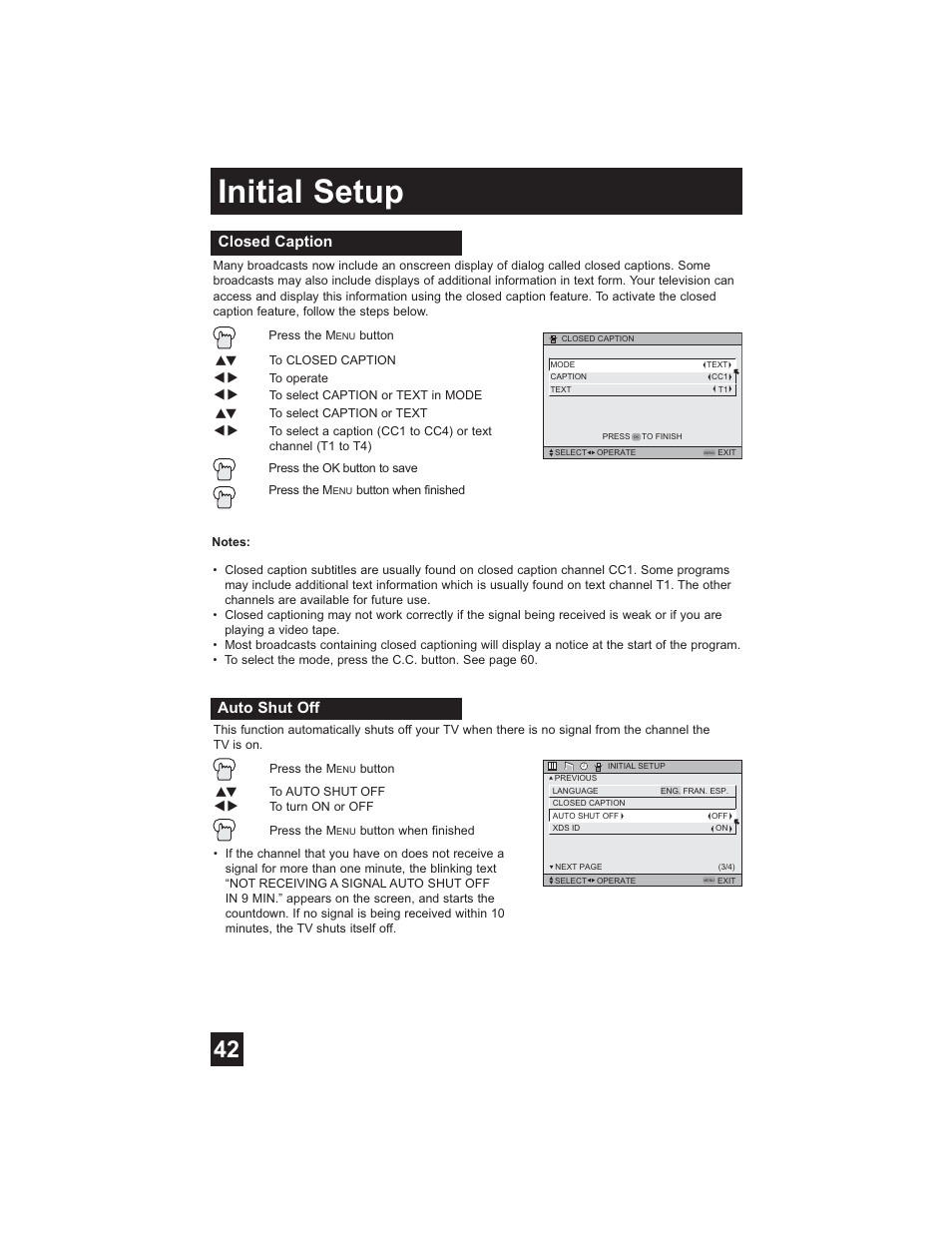 Closed caption, Auto shut off, Initial setup | JVC HD-61Z585 User Manual | Page 42 / 89