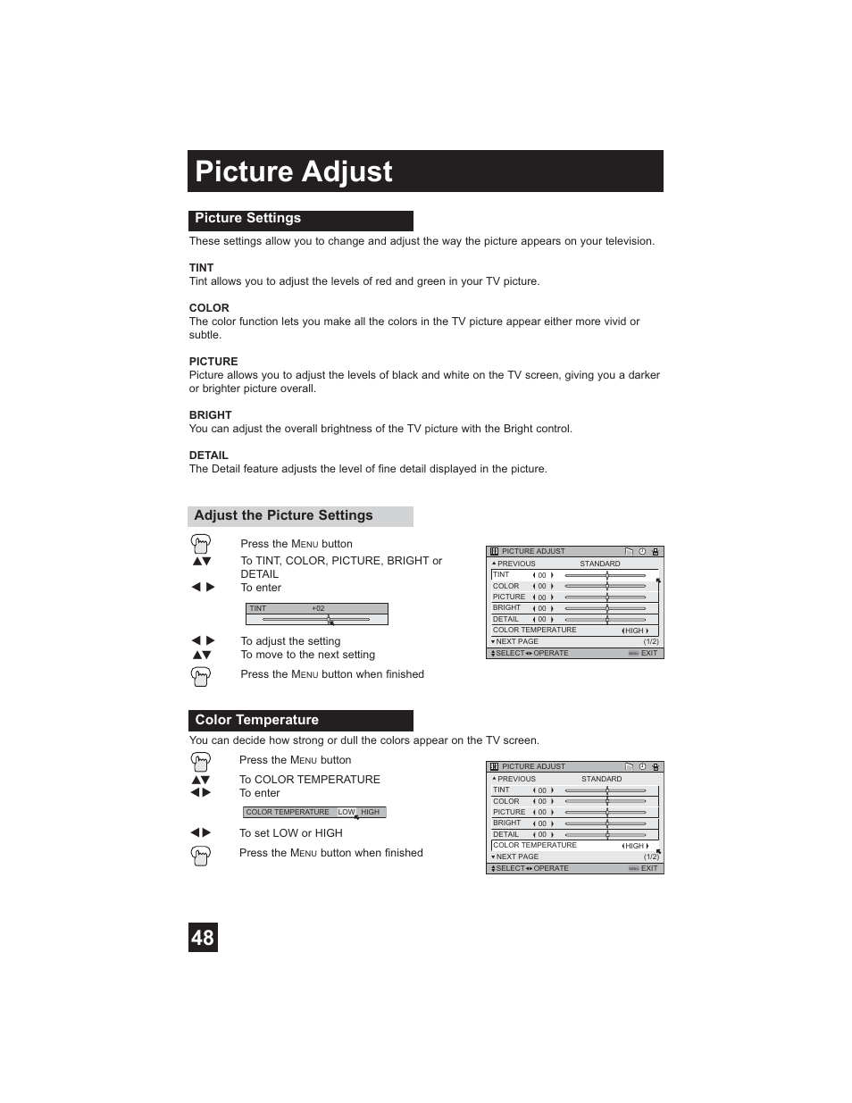 Picture adjust menu, Picture settings, Color temperature | Picture adjust | JVC HD-61Z585 User Manual | Page 48 / 89