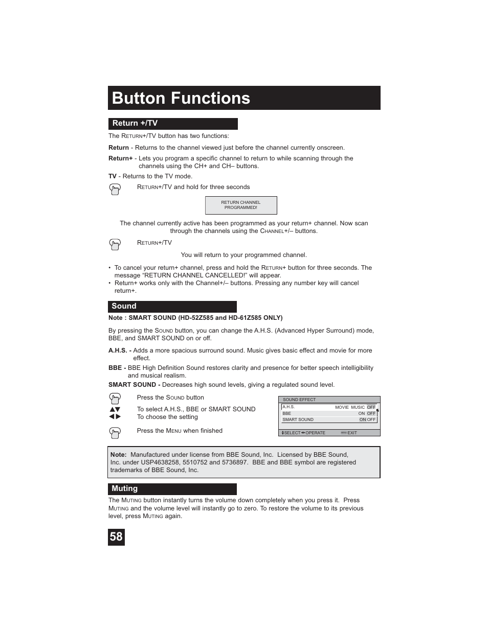 Return +/tv, Sound, Muting | Button functions | JVC HD-61Z585 User Manual | Page 58 / 89