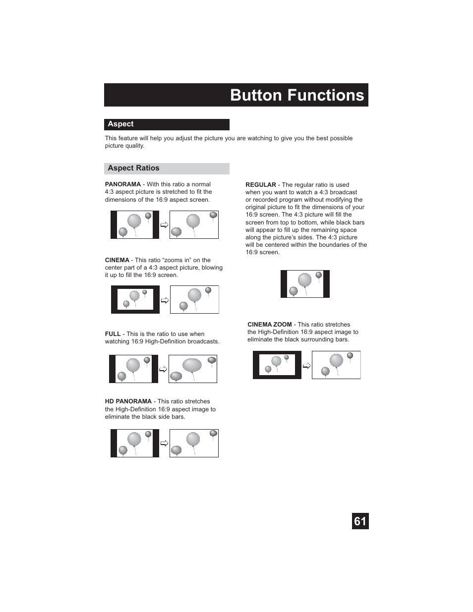 Aspect, Button functions | JVC HD-61Z585 User Manual | Page 61 / 89