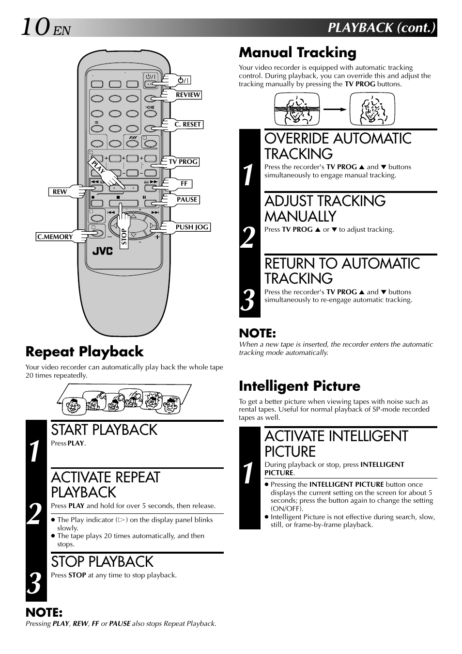 Override automatic tracking, Adjust tracking manually, Return to automatic tracking | Start playback, Activate repeat playback, Stop playback, Activate intelligent picture, Playback (cont.), Manual tracking, Repeat playback | JVC HR-J245EA User Manual | Page 10 / 36