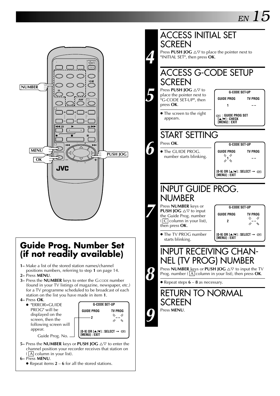 Access initial set screen, Access g-code setup screen, Start setting | Input guide prog. number, Input receiving chan- nel (tv prog) number, Return to normal screen, Guide prog. number set (if not readily available) | JVC HR-J245EA User Manual | Page 15 / 36