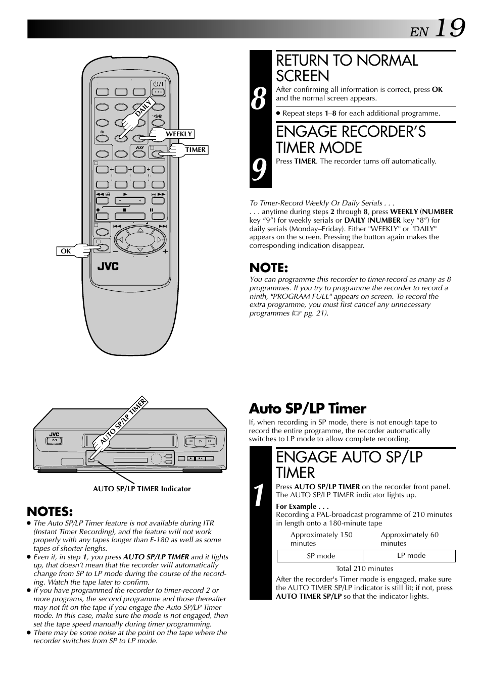 Return to normal screen, Engage recorder’s timer mode, Engage auto sp/lp timer | Auto sp/lp timer | JVC HR-J245EA User Manual | Page 19 / 36