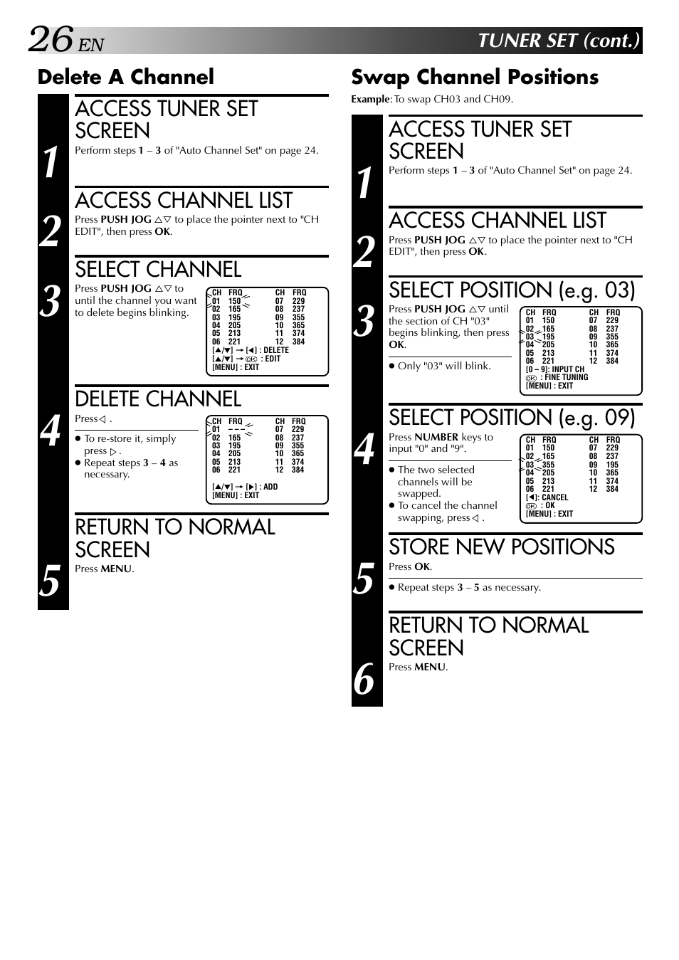 Access tuner set screen, Access channel list, Select channel | Delete channel, Return to normal screen, Select position (e.g. 03), Select position (e.g. 09), Store new positions, Tuner set (cont.), Delete a channel | JVC HR-J245EA User Manual | Page 26 / 36