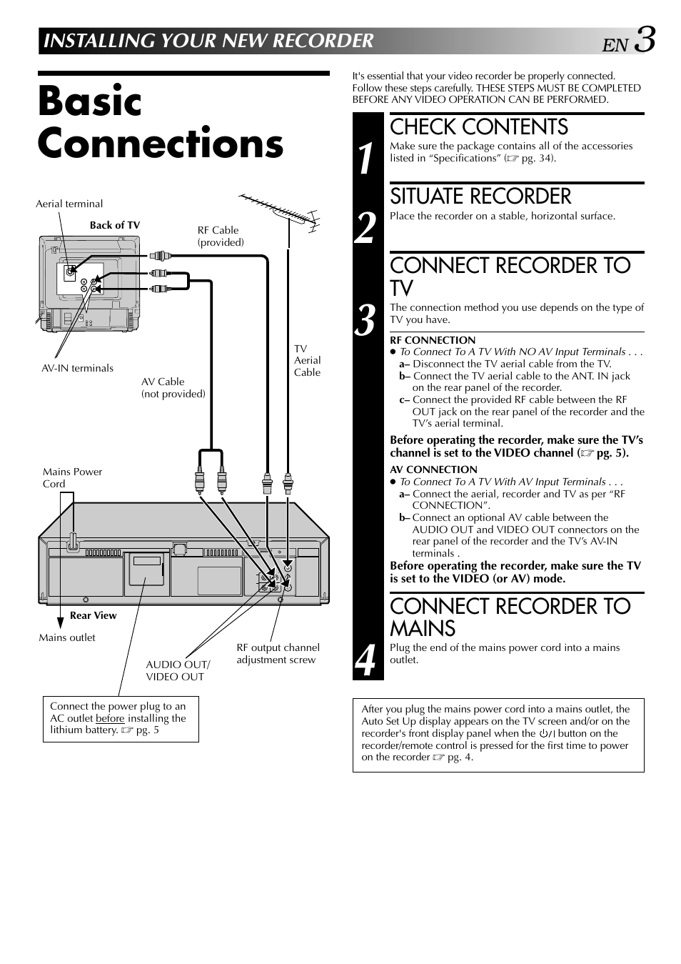Basic connections, Check contents, Situate recorder | Connect recorder to tv, Connect recorder to mains, Installing your new recorder | JVC HR-J245EA User Manual | Page 3 / 36