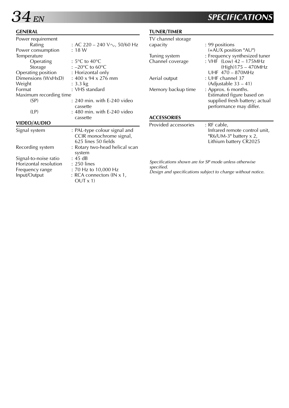 Specifications | JVC HR-J245EA User Manual | Page 34 / 36