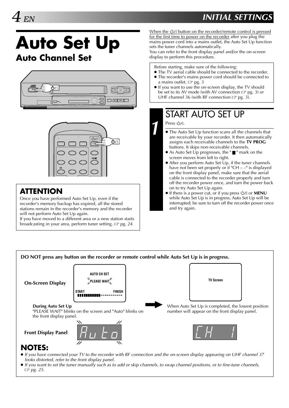 Auto set up, Start auto set up, Initial settings | Auto channel set, Attention | JVC HR-J245EA User Manual | Page 4 / 36