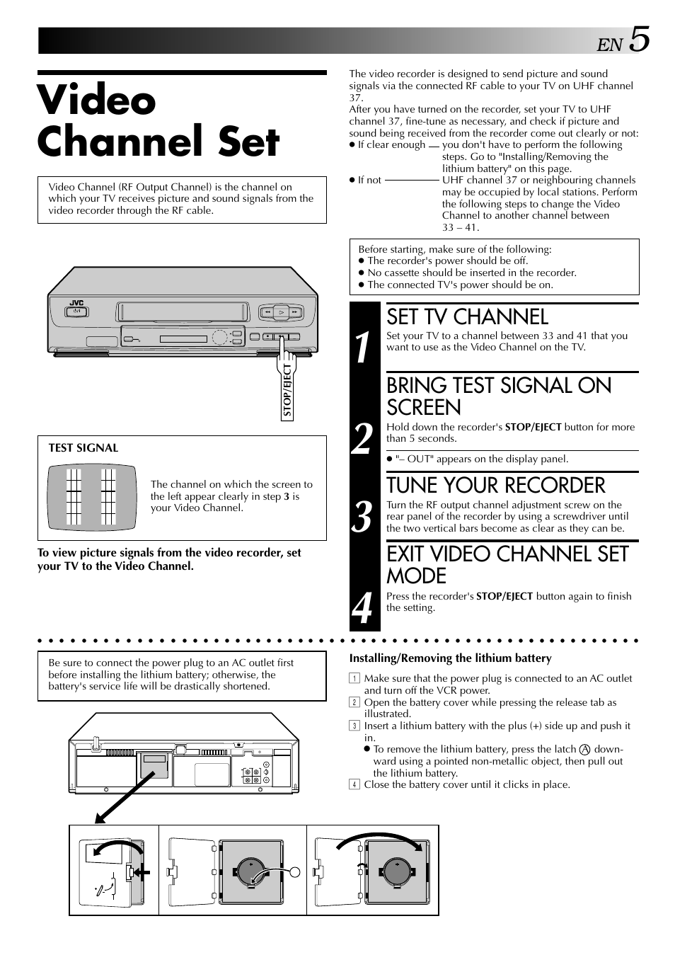Video channel set, Set tv channel, Bring test signal on screen | Tune your recorder, Exit video channel set mode | JVC HR-J245EA User Manual | Page 5 / 36