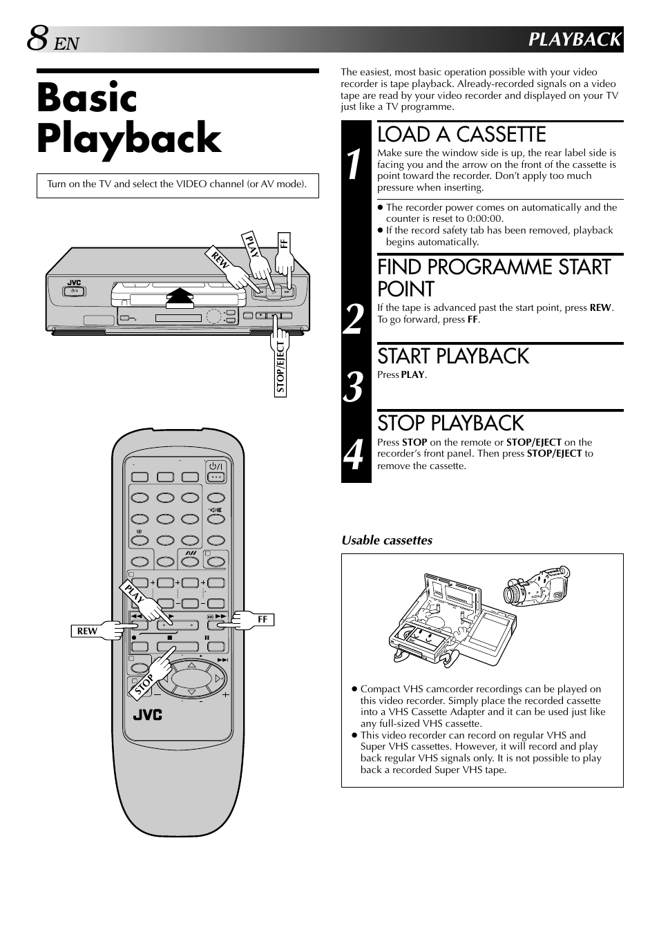 Basic playback, Load a cassette, Find programme start point | Start playback, Stop playback, Playback | JVC HR-J245EA User Manual | Page 8 / 36