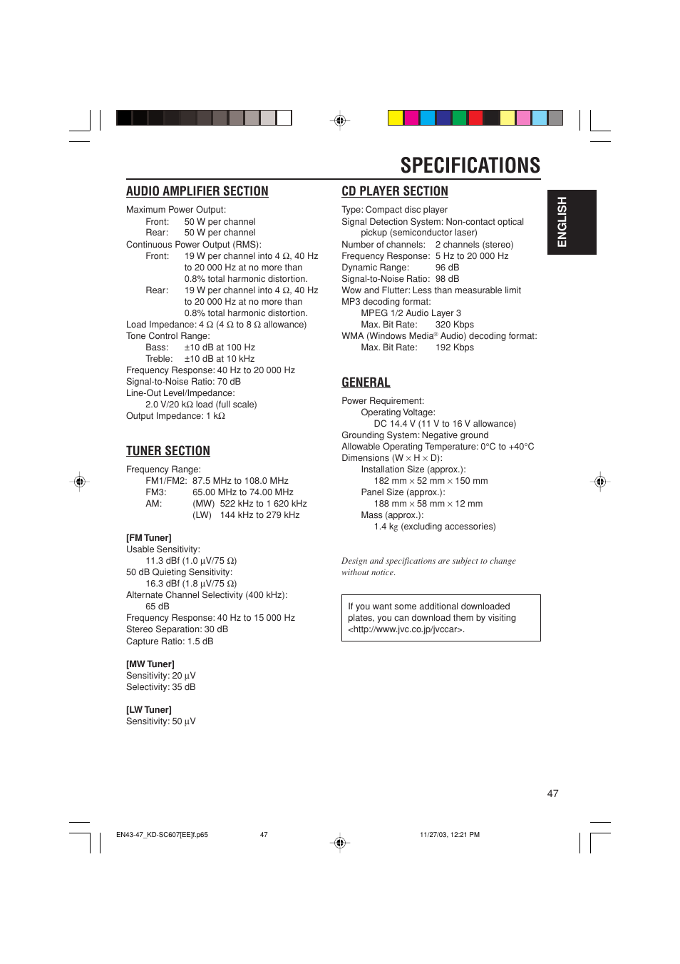 Specifications | JVC GET0191-001A User Manual | Page 103 / 108