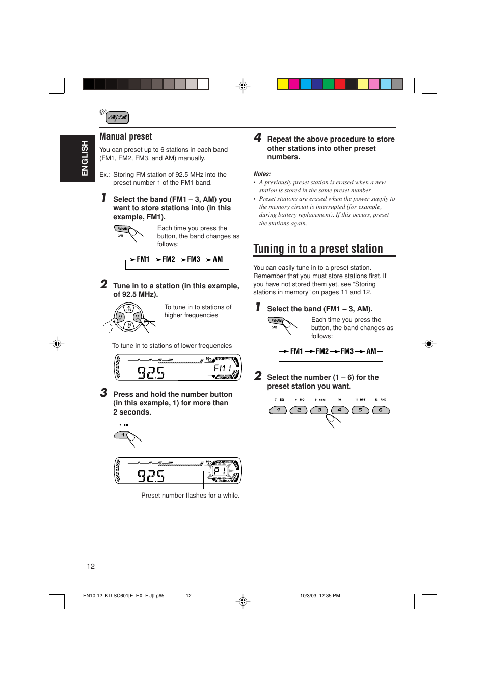 Tuning in to a preset station | JVC GET0191-001A User Manual | Page 12 / 108