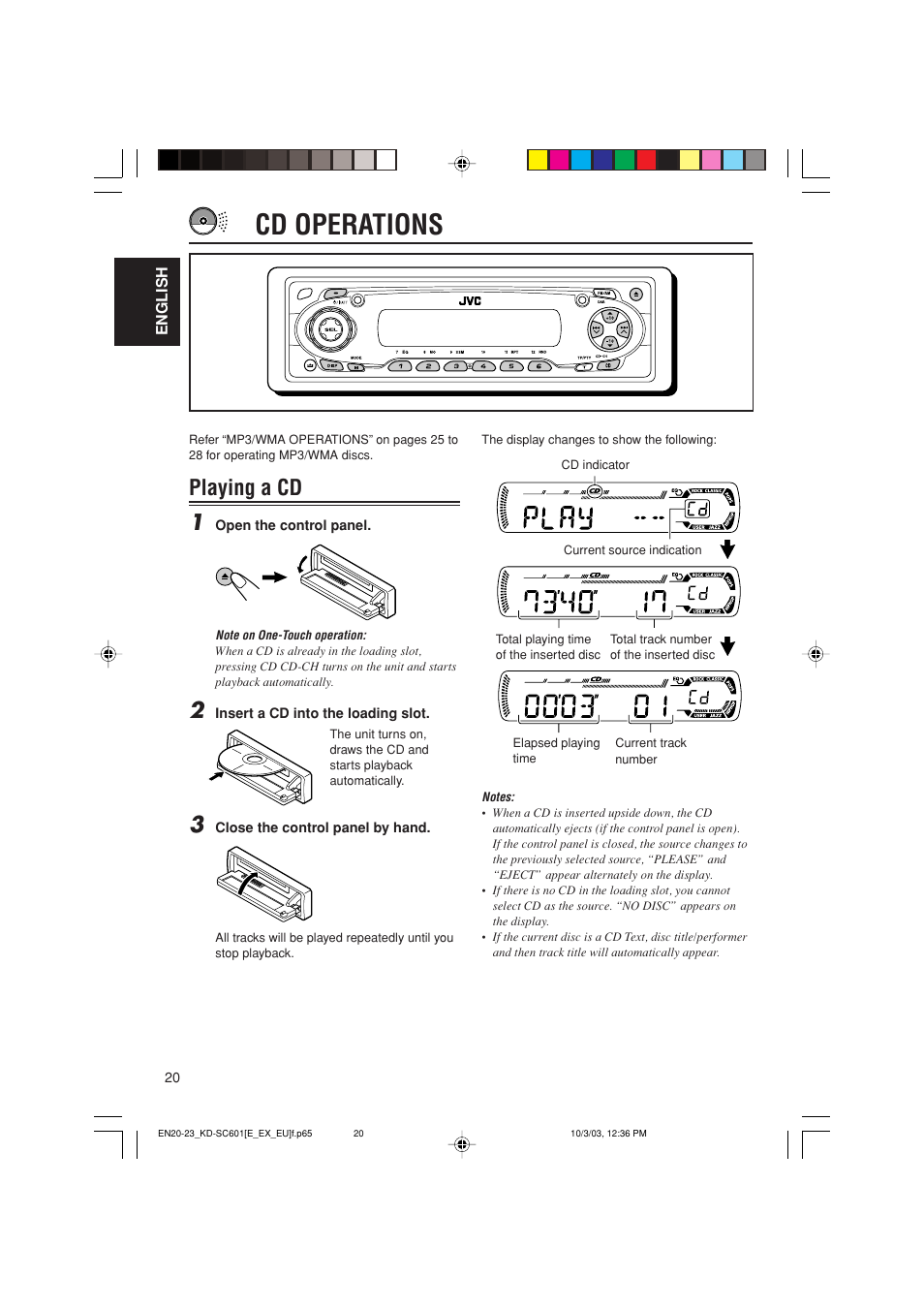 Cd operations, Playing a cd | JVC GET0191-001A User Manual | Page 20 / 108