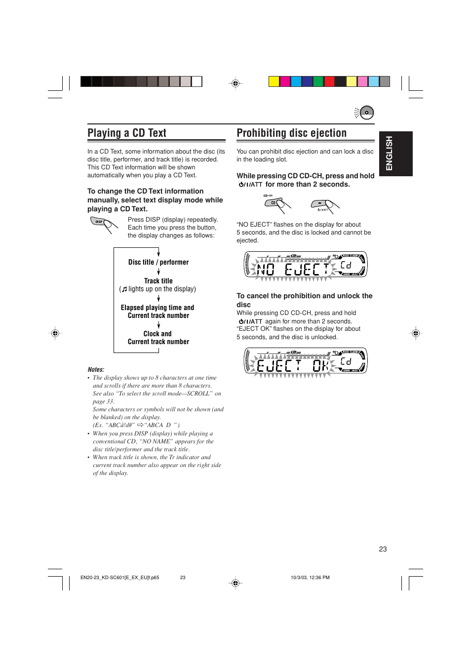 Prohibiting disc ejection, Playing a cd text | JVC GET0191-001A User Manual | Page 23 / 108