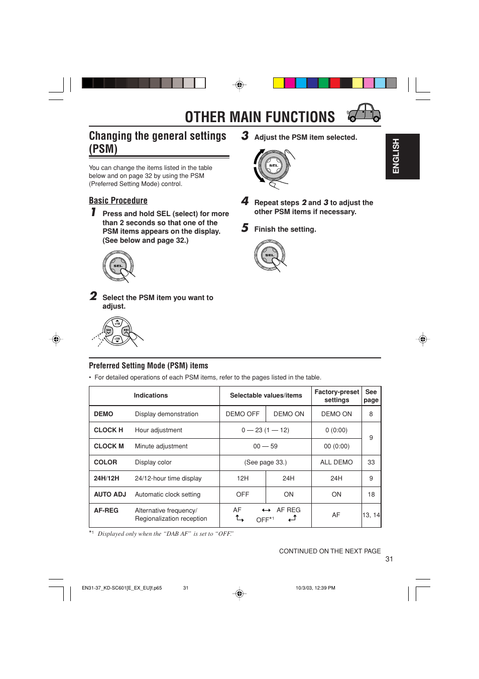 Other main functions, Changing the general settings (psm) | JVC GET0191-001A User Manual | Page 31 / 108