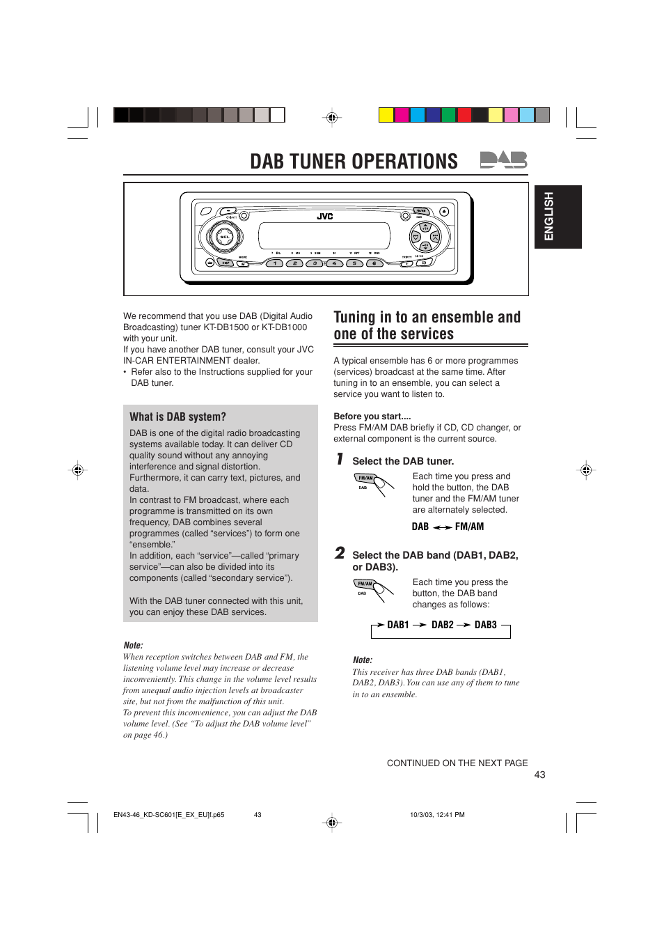 Dab tuner operations, Tuning in to an ensemble and one of the services | JVC GET0191-001A User Manual | Page 43 / 108