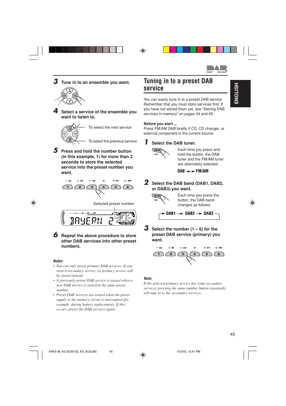 Tuning in to a preset dab service | JVC GET0191-001A User Manual | Page 45 / 108