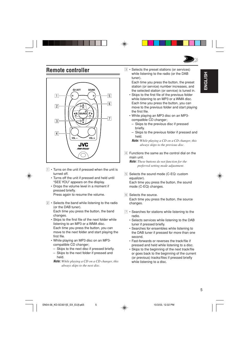 Remote controller | JVC GET0191-001A User Manual | Page 5 / 108