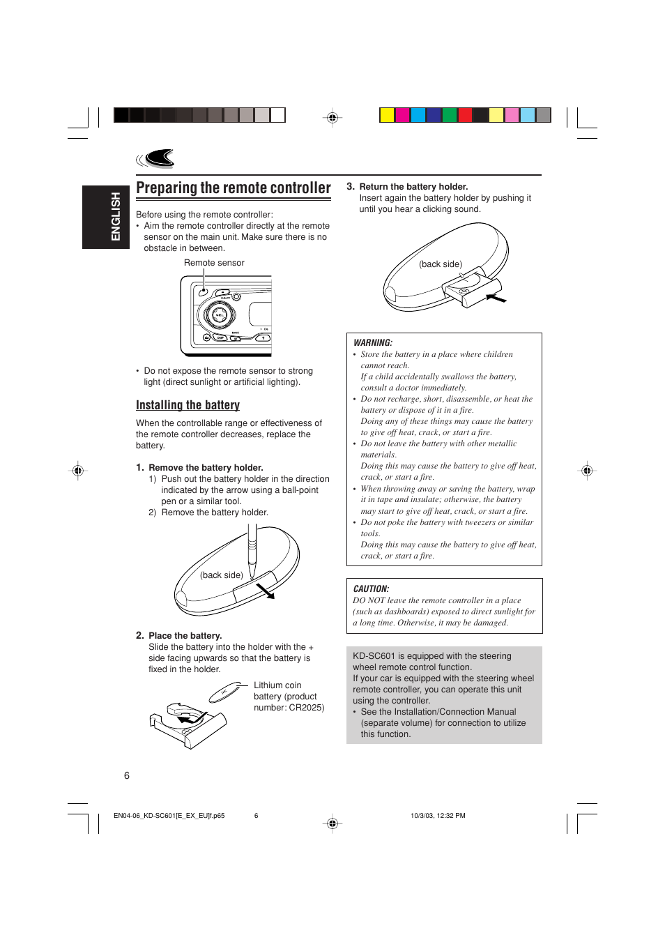 Preparing the remote controller | JVC GET0191-001A User Manual | Page 6 / 108