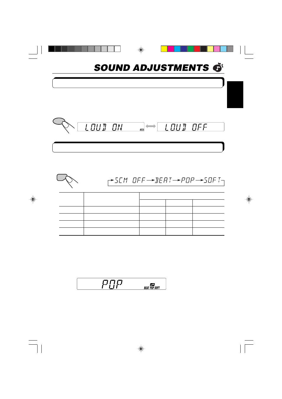 Sound adjustments, Turning on/off the loudness function, Selecting preset sound modes | JVC KS-F315EE User Manual | Page 11 / 23