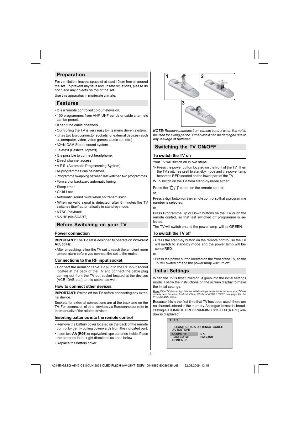 Preparation, Features, Before switching on your tv | Power connection, Connections to the rf input socket, How to connect other devices, Inserting batteries into the remote control, Switching the tv on/off, To switch the tv on, To switch the tv off | JVC 0506TKH-VT-VT User Manual | Page 5 / 15