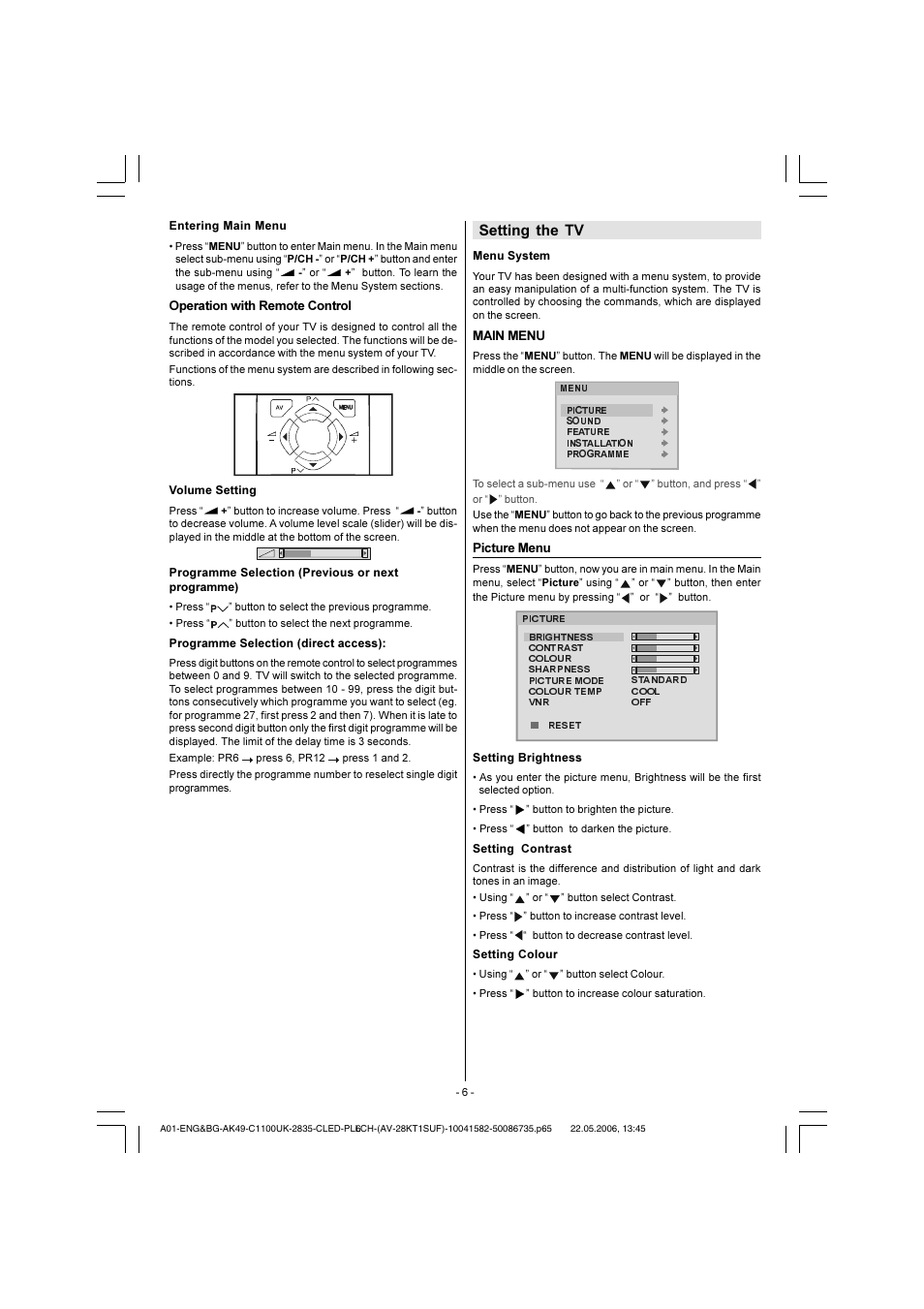 Setting the tv, Picture menu | JVC 0506TKH-VT-VT User Manual | Page 7 / 15