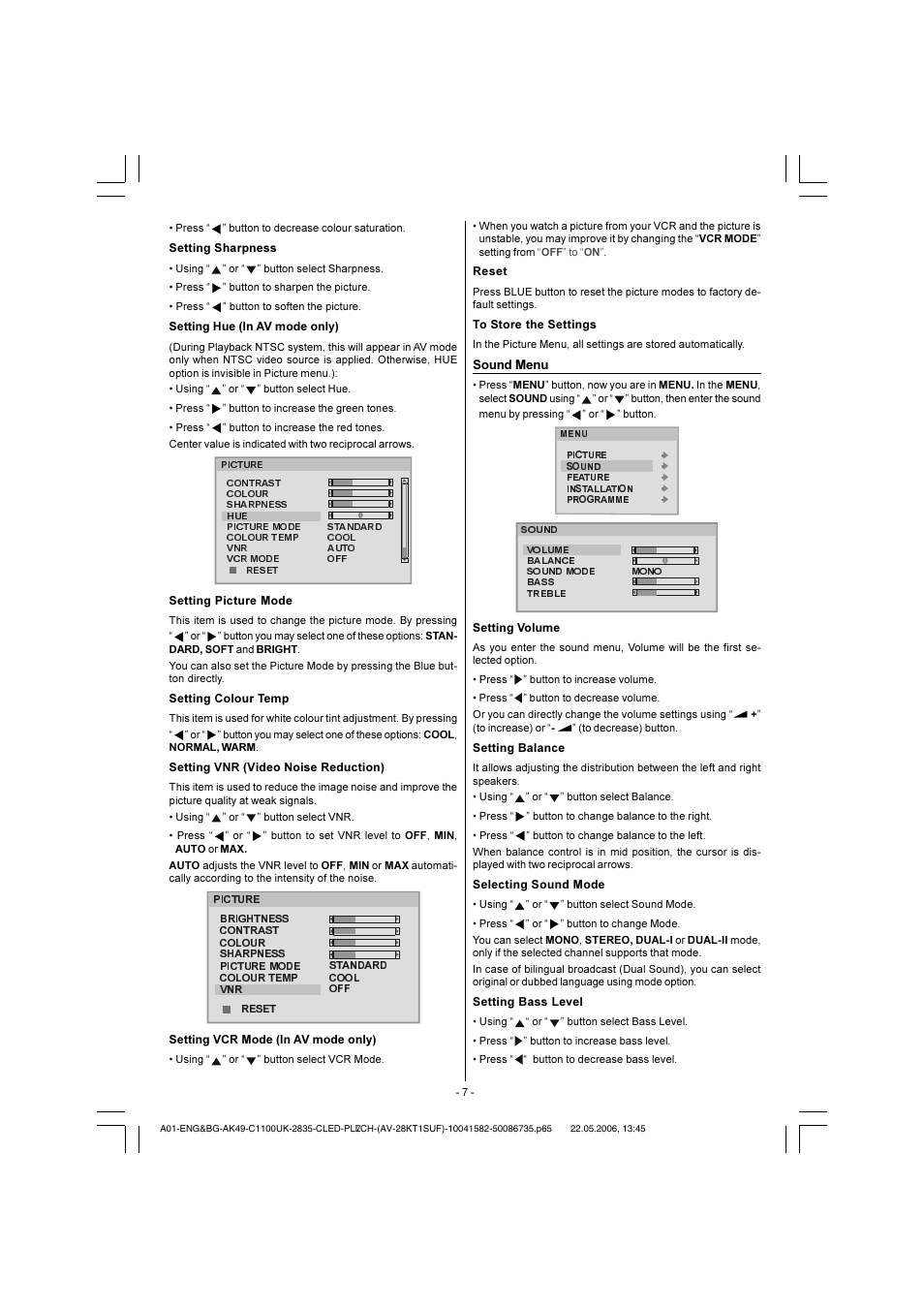 Sound menu | JVC 0506TKH-VT-VT User Manual | Page 8 / 15