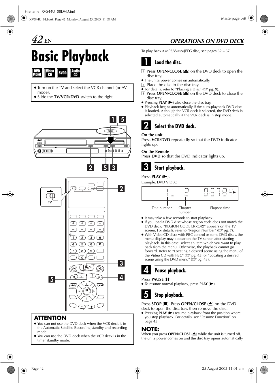 Operations on dvd deck, Basic playback | JVC HR-XVC33U User Manual | Page 138 / 192