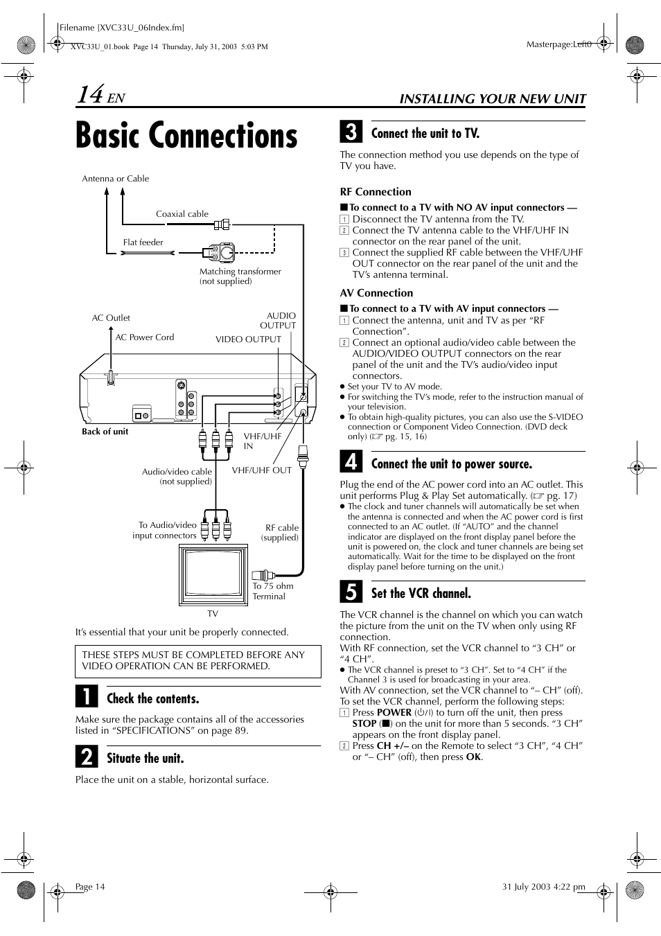 Installing your new unit, Basic connections, Pg. 14 | JVC HR-XVC33U User Manual | Page 14 / 192