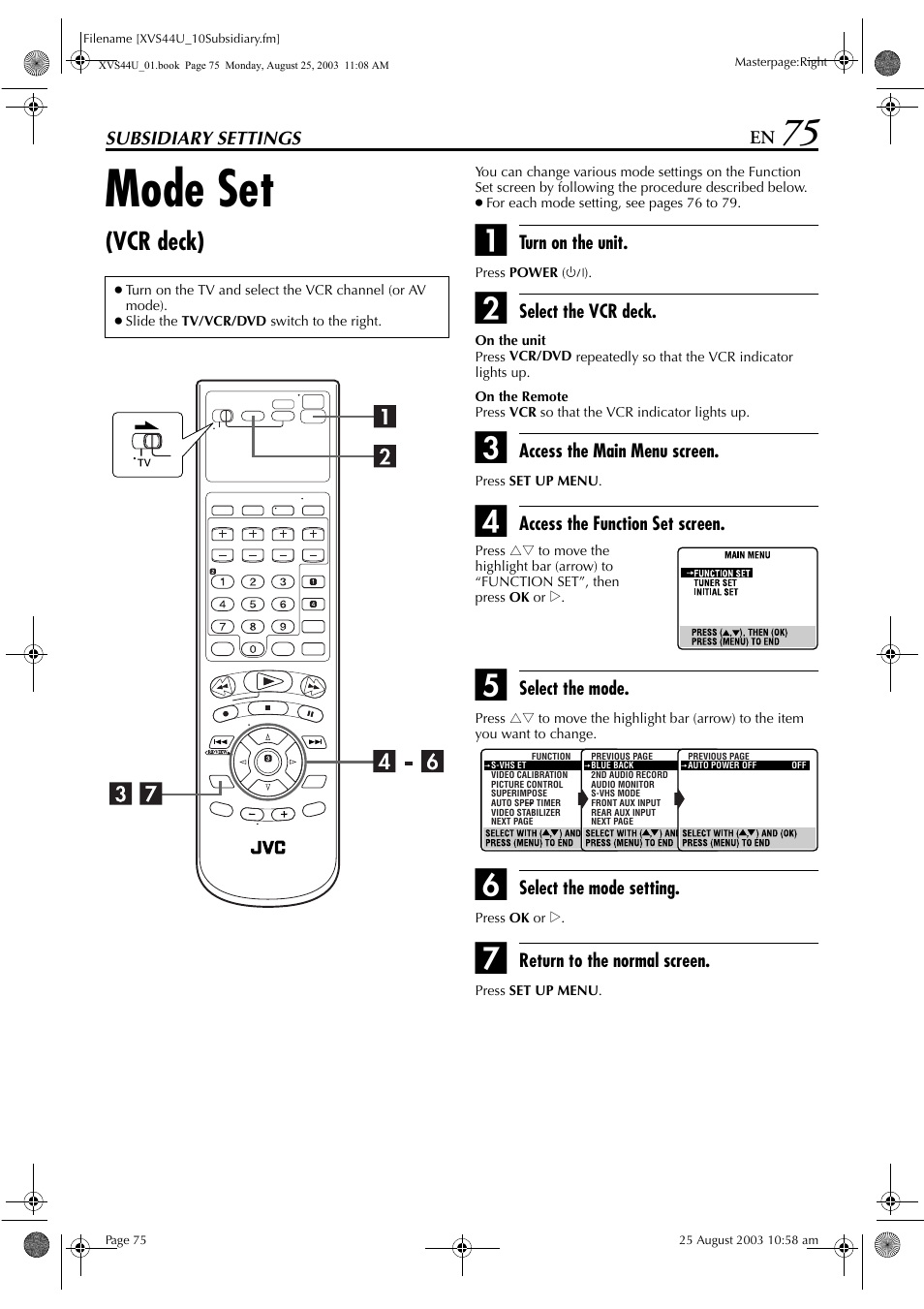 Subsidiary settings, Mode set, Vcr deck) | JVC HR-XVC33U User Manual | Page 171 / 192