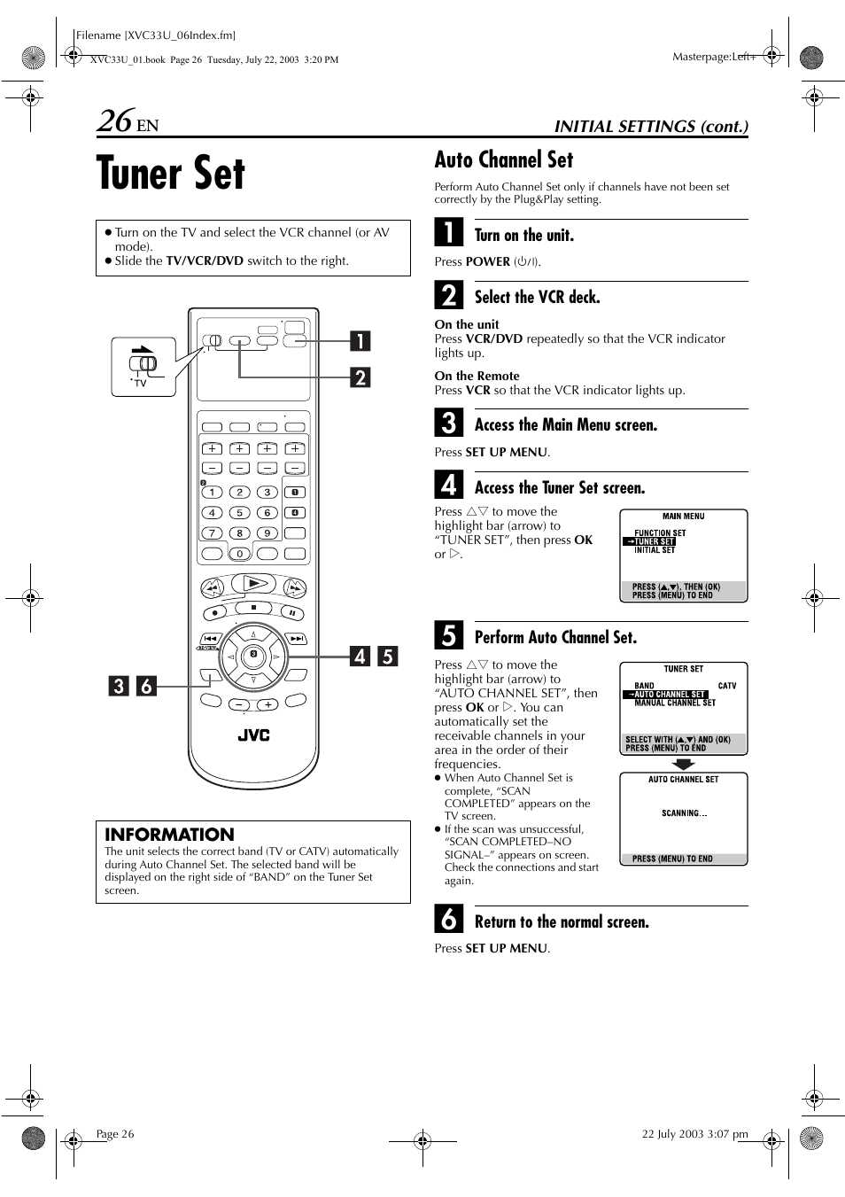 Tuner set, Pg. 26), Auto channel set | Pg. 26) or | JVC HR-XVC33U User Manual | Page 26 / 192