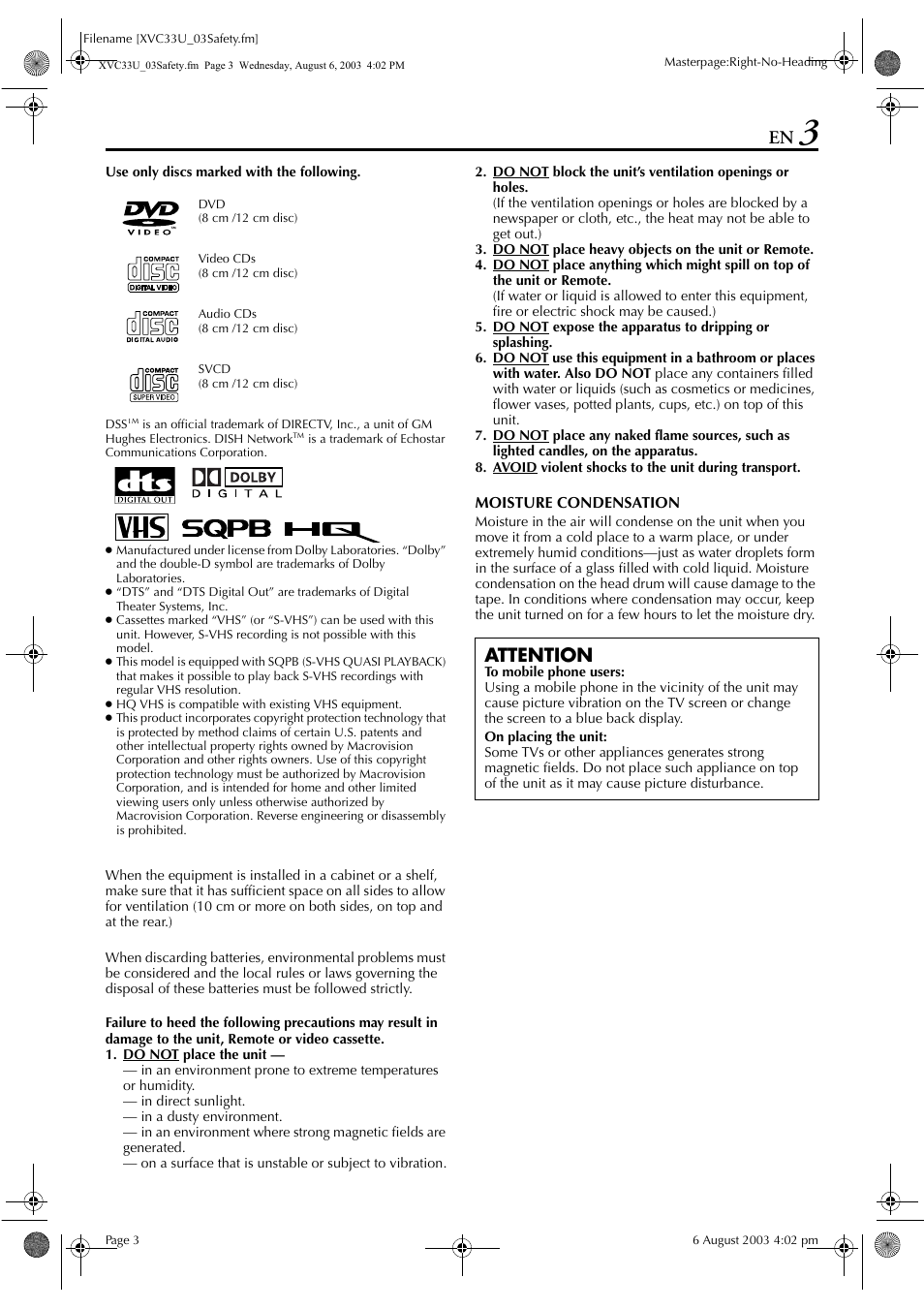 Attention | JVC HR-XVC33U User Manual | Page 3 / 192