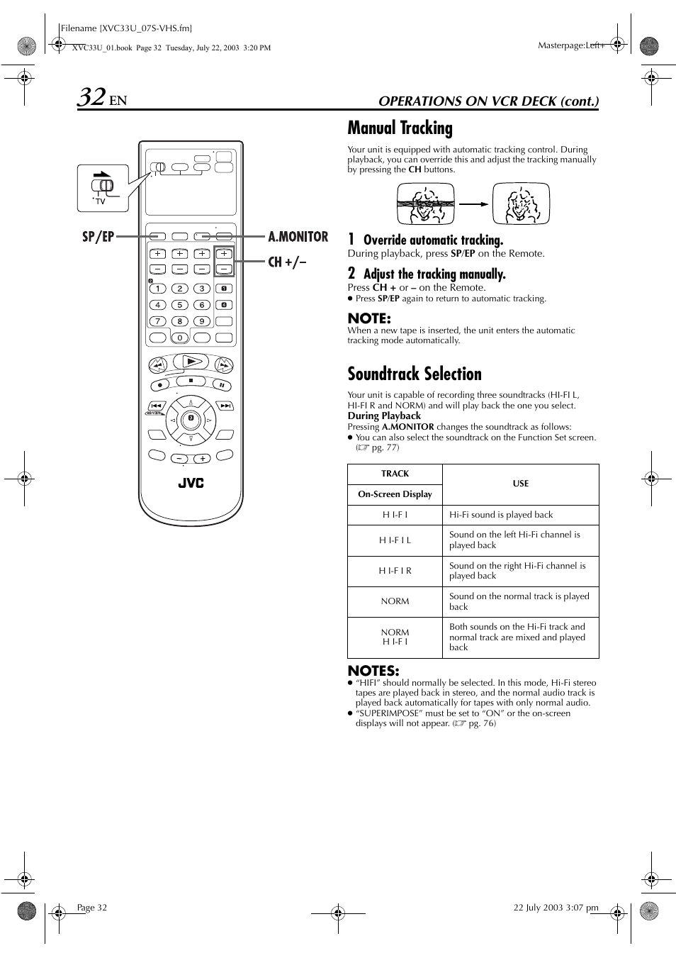 Pg. 32, Manual tracking, Soundtrack selection | Operations on vcr deck (cont.), Override automatic tracking, Adjust the tracking manually | JVC HR-XVC33U User Manual | Page 32 / 192