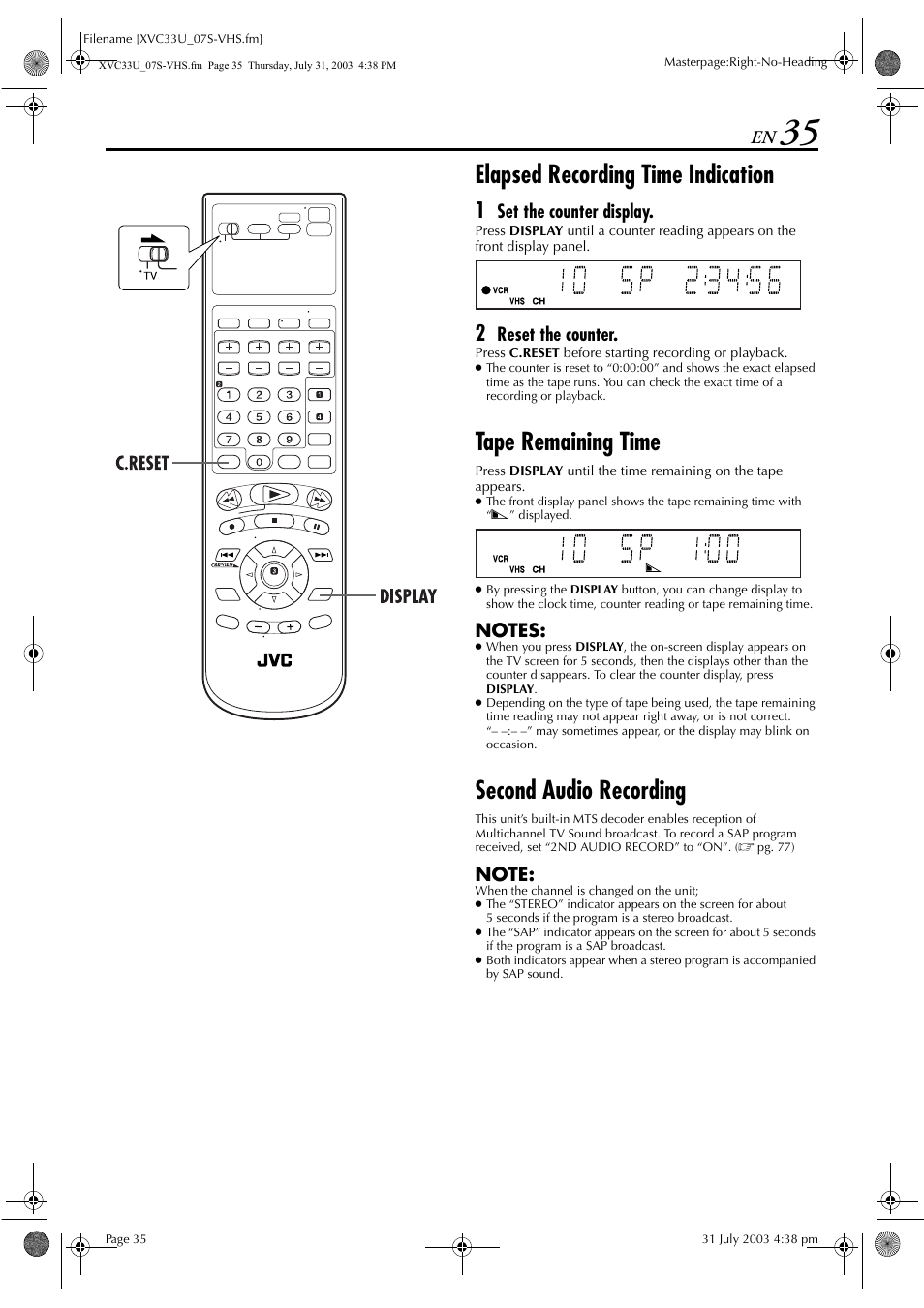 Y ੬ pg. 35, Pg. 35, Elapsed recording time indication | Tape remaining time, Second audio recording, Set the counter display, Reset the counter | JVC HR-XVC33U User Manual | Page 35 / 192