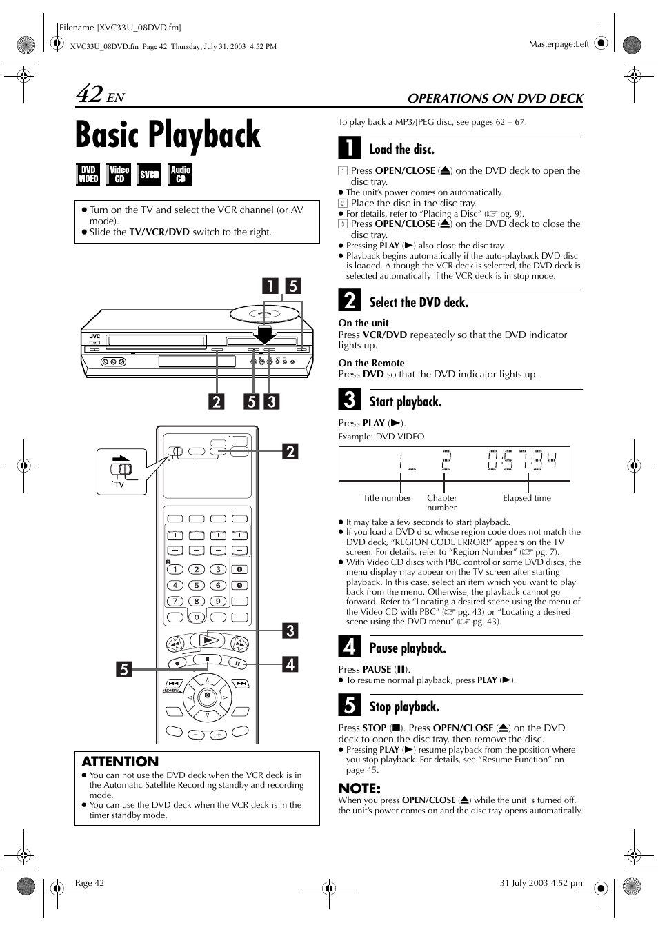 Operations on dvd deck, Basic playback, Pg. 42 | JVC HR-XVC33U User Manual | Page 42 / 192