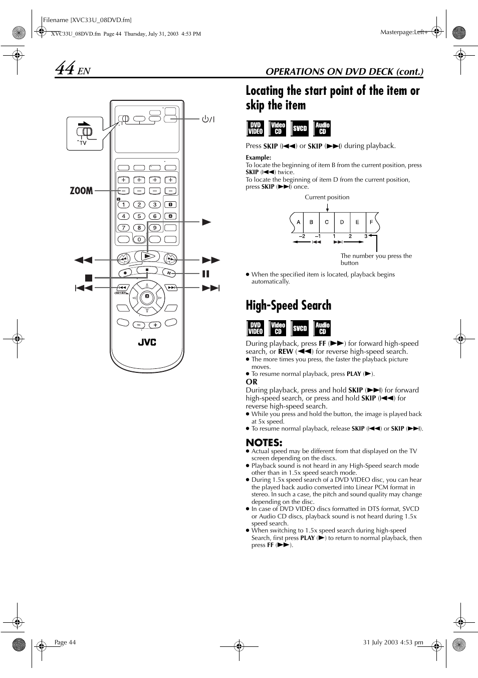 High-speed search, Operations on dvd deck (cont.) | JVC HR-XVC33U User Manual | Page 44 / 192