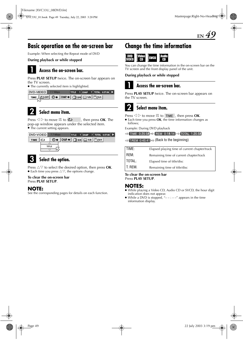 Ation, Pg. 49), Basic operation on the on-screen bar | Change the time information | JVC HR-XVC33U User Manual | Page 49 / 192