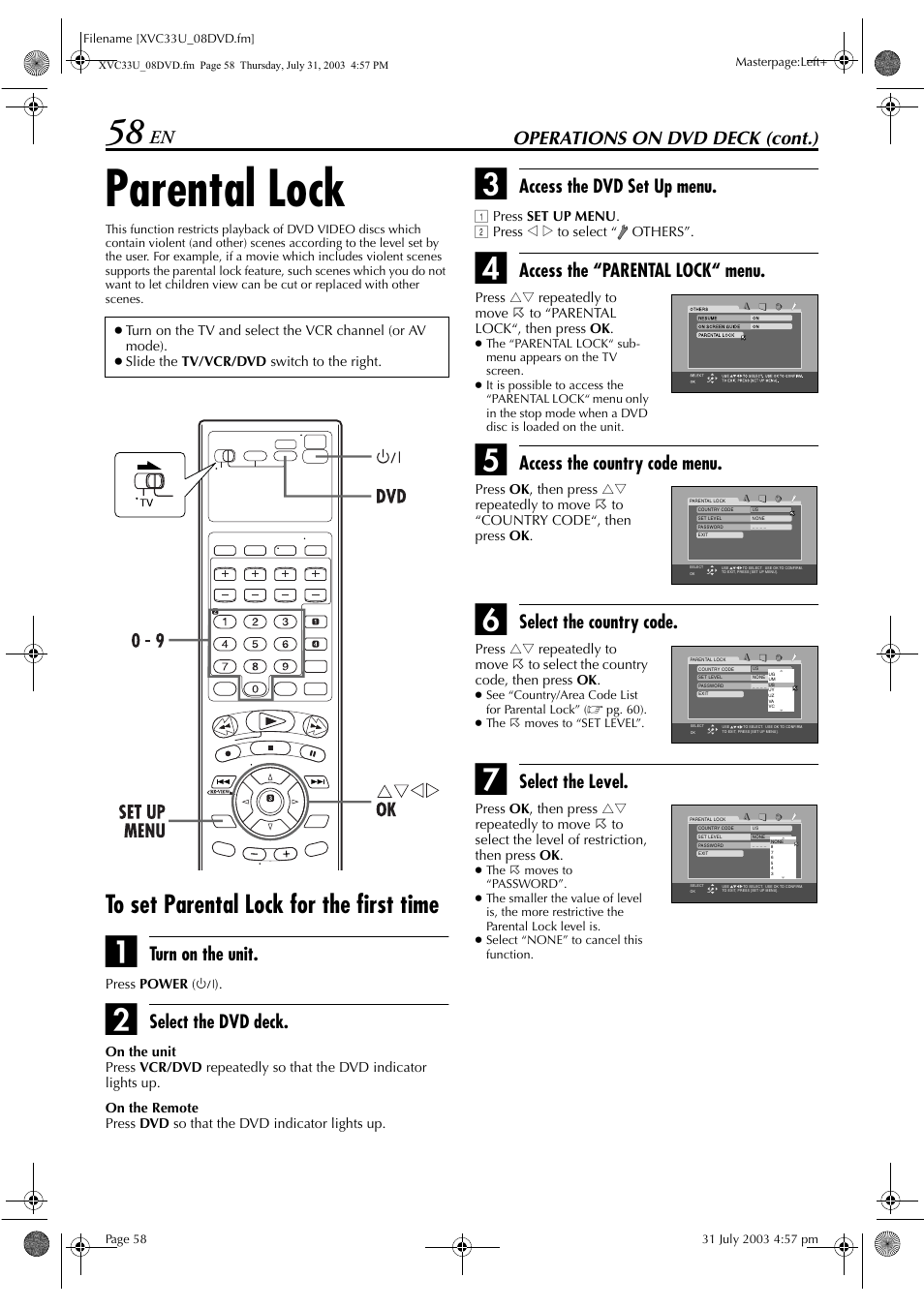 Parental lock, Operations on dvd deck (cont.), Turn on the unit | Select the dvd deck, Access the dvd set up menu, Access the “parental lock“ menu, Access the country code menu, Select the country code, Select the level | JVC HR-XVC33U User Manual | Page 58 / 192