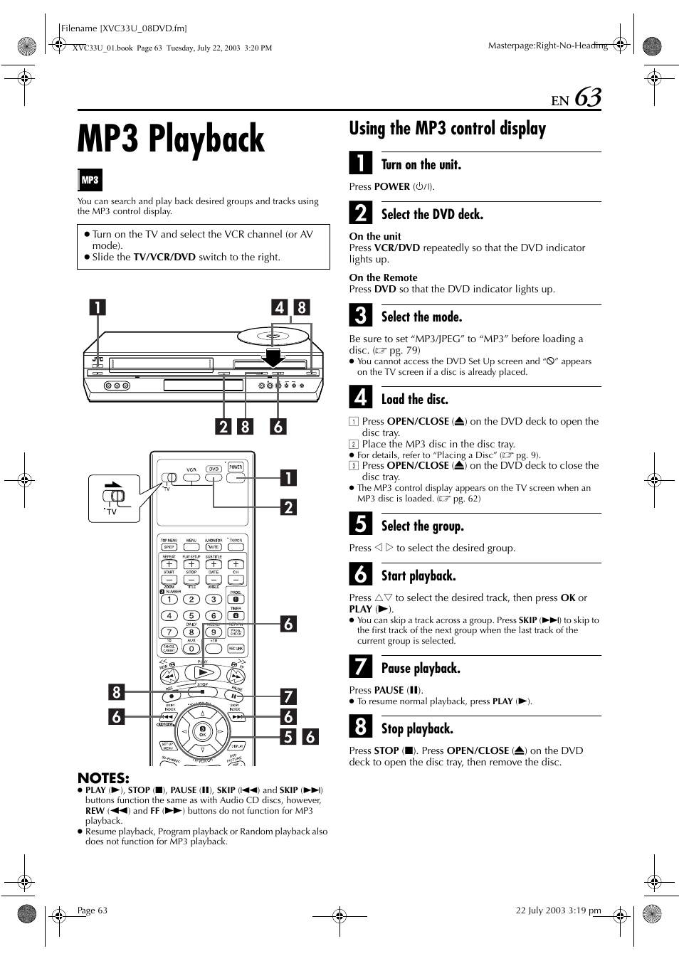 Mp3 playback, Using the mp3 control display | JVC HR-XVC33U User Manual | Page 63 / 192