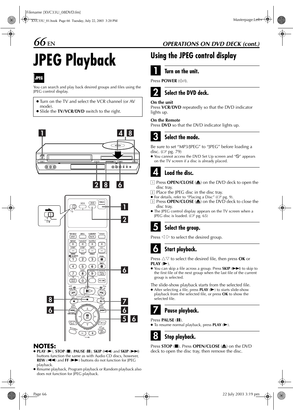 Jpeg playback, Using the jpeg control display | JVC HR-XVC33U User Manual | Page 66 / 192