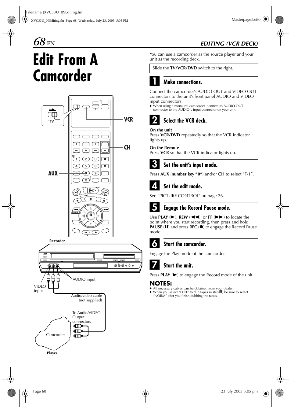 Editing (vcr deck), Edit from a camcorder, Pg. 68 | JVC HR-XVC33U User Manual | Page 68 / 192