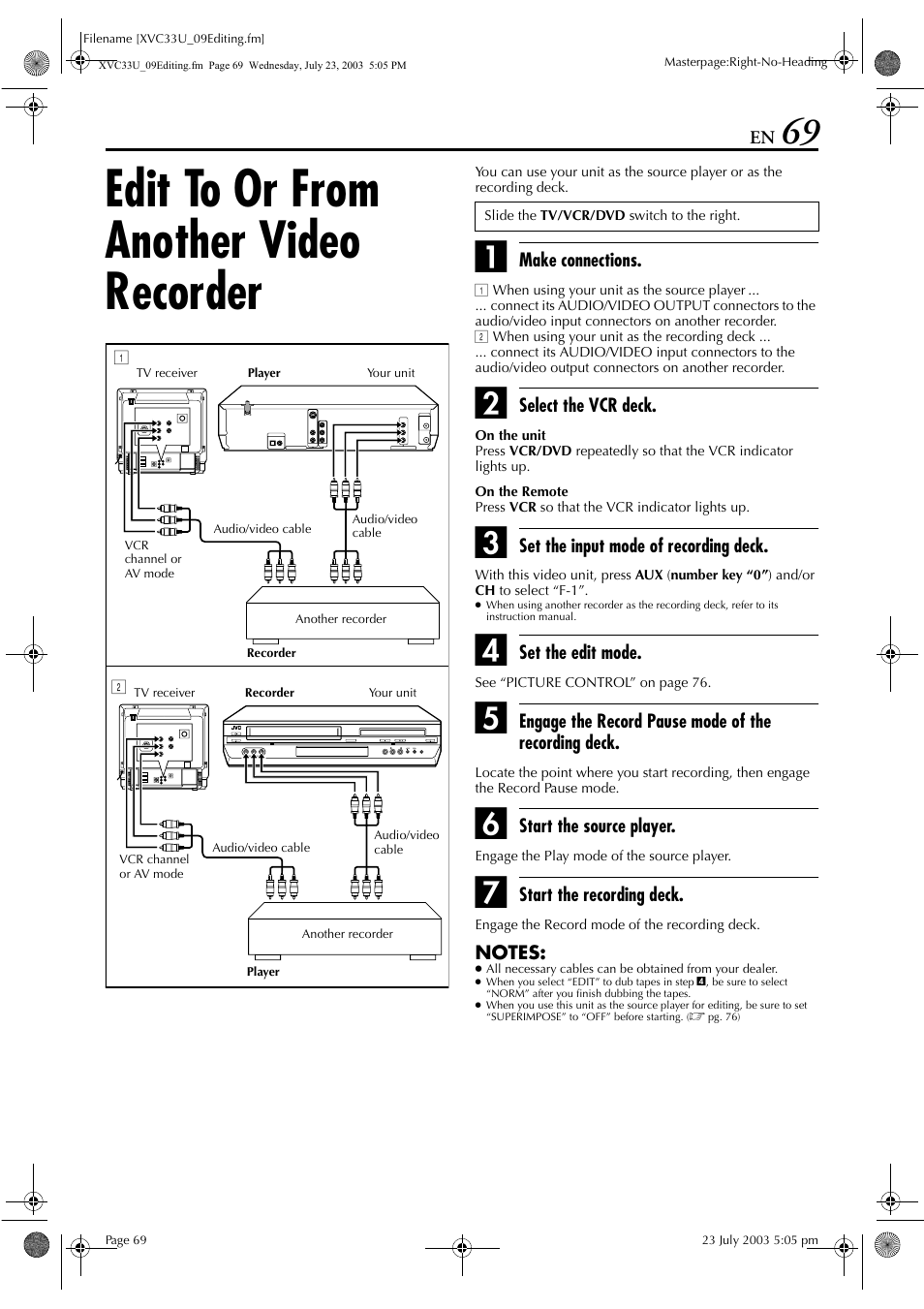 Edit to or from another video recorder | JVC HR-XVC33U User Manual | Page 69 / 192